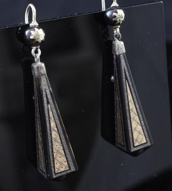 A pair of early 20th century tortoiseshell and gold and silver pique work drop earrings, overall 2in.